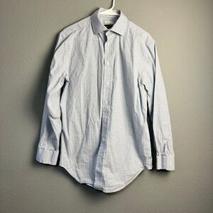 Jos A Bank Tailored Fit Shirt Men 15.5 32/33 Blue White Micro Check Cotton Blend
